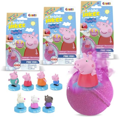 INKEE - 3er Set Peppa Pig Badekugeln mit Stempel-Überraschung, Erdbeer-Duft | Peppa Wutz Badebomben für Kinder, TÜV-geprüft, ohne Mikroplastik, ideal als Geschenk für Adventskalender oder Mitgebsel