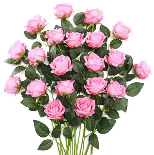 JUSTOYOU 20 PCS Rosa Rosen künstliche Blume, Seide blühende Rose mit Stiel, künstliche Rose Bouquet Realistische Blume für Home Table Office Party Hochzeit Garten Arrangements(Rosa)
