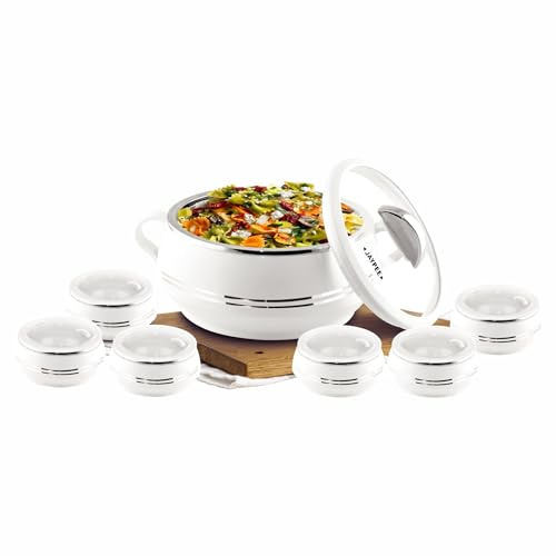 (Set of 7) Durable & Stylish Insulated Food Serving White Stainless Steel Thermal 2.53L Litre Casserole Dish With Lid For Hot & Cold Food Trifle Pudding Snacks For Parties Picnics, & Everyday Use