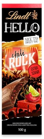 Lindt Schokolade | HELLO Tafel Chili Rock | 100g | zarte Vollmilch-Schokolade mit crunchiger Chili-Limetten-Füllung | Schokoladen-Tafel