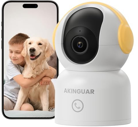 AKINGUAR 2K 3MP Indoor Camera Wireless, Wifi Camera,Pet Cameras, 360°Pan/Tilt, One-Touch Calling, 2-Way Talk, Night Vision, Motion Tracking, 2.4G/5GHz Dual-Band WiFi, Works with Alexa, Yellow