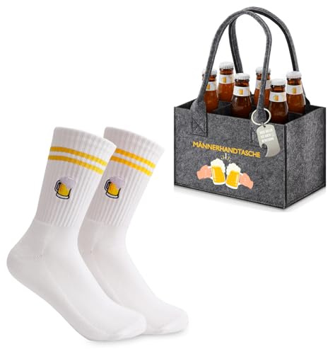 3 Stück Bier Geschenke für Männer, Männerhandtasche Bier Flaschentasche mit Bestickte Bier Socken Flaschenöffner, 24CM Bier Tasche aus Extra Dickem Filz 6 Fächern, Geschenk für Freund Vater Sohn