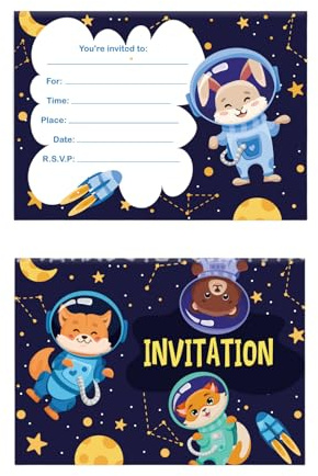 Teogneot Tarjetas de invitación para fiesta espacial, diseño de animales de astronauta, juego de 20 piezas con RSVP, color azul marino