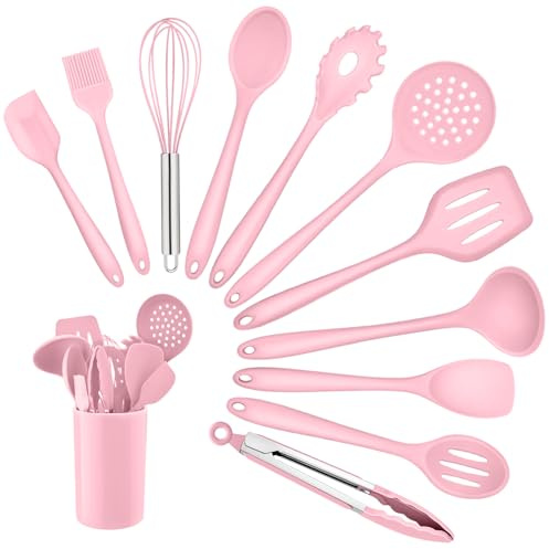 Homikit Silikon Küchenhelfer Set, 12 Stück Rosa Kochutensilien | Hitzebeständiger Kochgeschirr, Küchenutensilien Kochbesteck mit Utensilienhalter, Gesund & Antihaft, Spülmaschinengeeignet