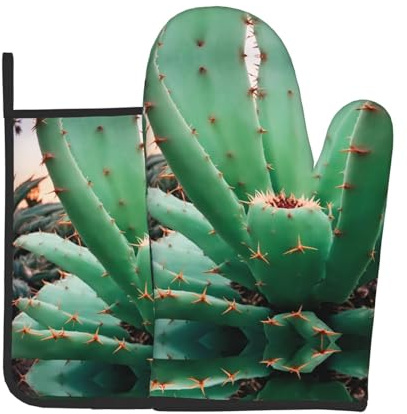 WZYWHJ Agave Cactus Picture Oven Mitts and Pot Holders Set for Cooking, Microwave, Grilling - with Lanyard Design