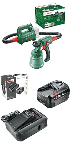 Bosch Akku-Farbsprühsystem EasySpray 18V-100 (ohne Akku, Behälter 800 ml, im Karton) + Akku & Schnellladegerät Starter Set 18V(1x 4,0Ah Li-Ionen-Akku; 1x Schnellladegerät; POWER FOR ALL 18V Alliance)