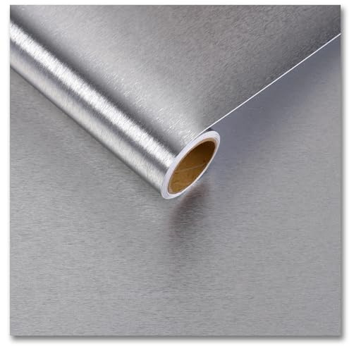 CRE8TIVE Papel Pintado Acero Inoxidable Plateado 30cm x 200cm Vinilo Adhesivo Muebles Textura Antisalpicaduras Cocina Impermeable Papel Aluminio de Pegar Resistentes al Calor Vinilo Adhesivo Nevera