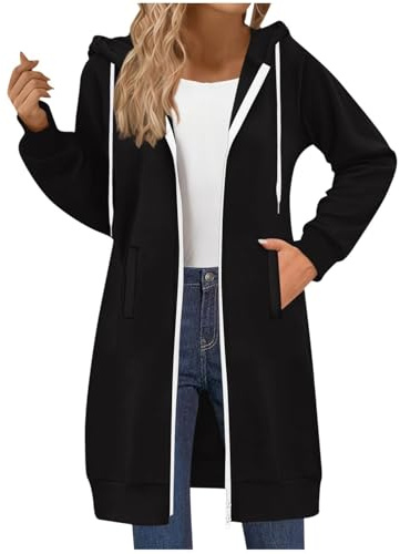 Linkpig Damen Kapuzenjacke Lang Sweatjacke mit Kapuze Hoodie Jacke Herbst Winter Mantel Sweatshirts Hoodie Outwear Langarm Kapuzenpullover Strickjacke mit Reißverschluss Taschen