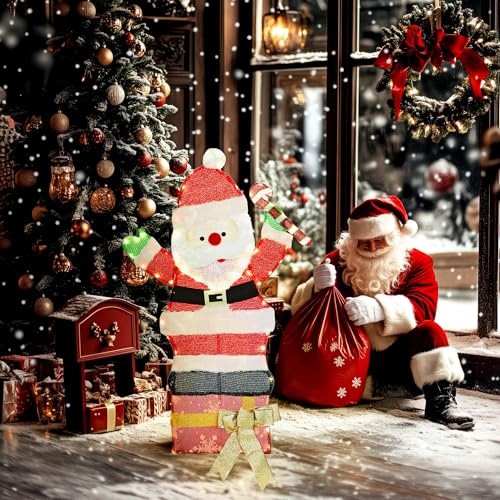 Outsunny LED Weihnachtsdeko mit Geschenckbox für Außen & Innen, Mehrfarbig | 97 Warmweißen Leuchten, Weihnachtsbeleuchtung, Weihnachtsdekoration, Weihnachtsfigur