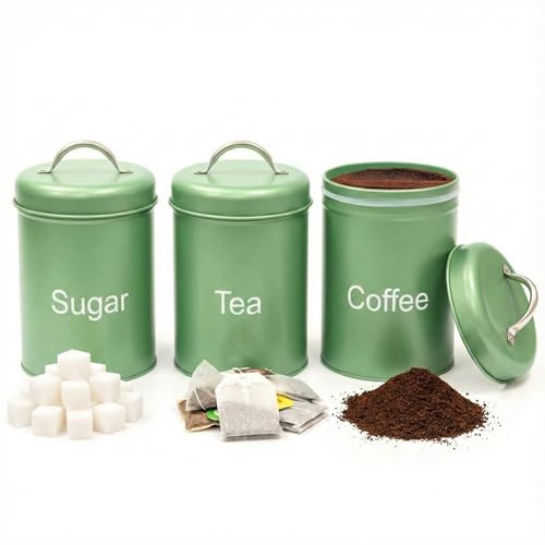 ADEPTNA 3-Piece Tea Coffee Sugar Canister Set – Airtight Metal Kitchen Storage Jars with Lids – Durable Round Food Containers – Easy Clean, Minimal Modern Design for Home, Office & Camping (GREEN)