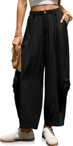 TARSE Women Linen Harem Pants Loose Fit Casual Cropped Pants Boho Summer Vacation Wide Leg Pants with Pocket(Black,XL)