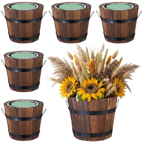 Remerry 6 Pcs Rustic Wood Barrel Planter Boxes with Removable Plastic Liners & Floral Foam Blocks, Farmhouse Decor for Wedding Table, Home, Garden, Kitchen & Party Centerpieces (Classic)