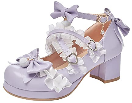 Scarpe con tacco per bambini Ragazze - Mary Jane Scarpe con tacco alto Scarpe con cinturino alla caviglia floreale Scarpe per bambini Punta rotonda Scarpe da sposa comode da sera eleganti, Lilla, 35