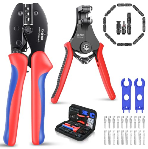 BOSYTRO Crimptång solkontakt set för 2,5/4/6 mm² PV-kabel, 1 x presstång 1 x kabelskalare 10 par solkabelkontakter 10 par hane/hona solkontakter 2 x skiftnycklar för solkontakter
