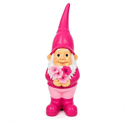 Jumbos Dekowelt Nain de jardin LED solaire en résine, figurine de jardin résistante aux intempéries avec fleurs pour jardin, balcon et terrasse, décoration de jardin solaire en rose et orange (rose)
