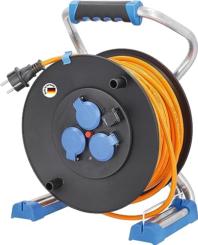 as - Schwabe Xperts Doppelrohr Profi-Kabeltrommel 40 m H07BQ-F 3G2,5, 230V / 16A, 3 Schutzkontaktsteckdosen mit Klappdeckel, USB Port, Spannungsanzeige, IP44, Made in Germany, Schwarz, 22645