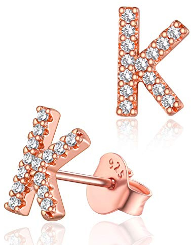 Clou d Oreille Argent 925 Lettre K Zirconium Or Rose Femme Petit Boucles d'Oreilles Strass Fille Sterling Alphabet Mini Bijoux Cadeau Mariage Noel Valentin Copine
