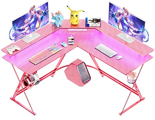 SEVEN WARRIOR Gaming Desk 50.4” with LED Light & Power Outlets, L-Shaped Gaming Desk Carbon Fiber Surface with Monitor Stand, Ergonomic Gamer Table with Headphone Hook, Pink