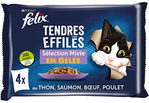 FELIX Tiernas Afiladas en Jalea | Gato Adulto | Selección de Pollo, Ternera, Atún, Salmón | Juego de 4 x 85 g | Bolsa Fresca