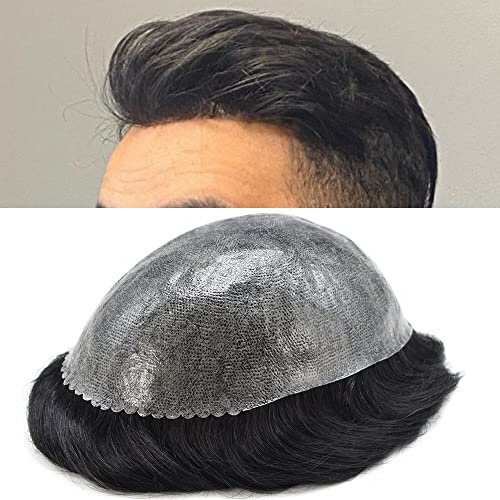 LYRICAL HAIR Toupee for Men Hairpiece Replacement System Male Prosthesis Full Poly Thin Soft Human Hair Piece for Men 8X10 Injected PU Durable Skin Mens Wig #1 Jet Black Color
