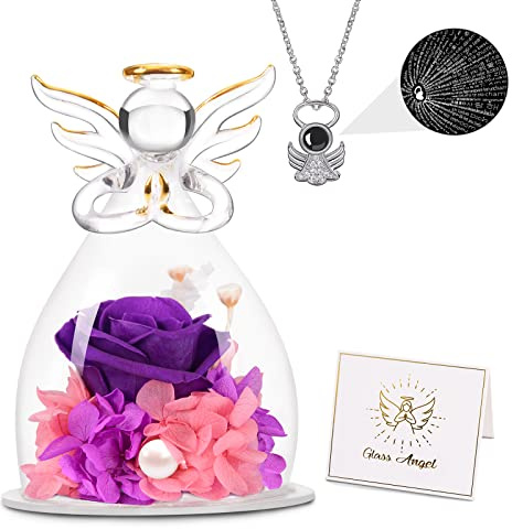 Digi4U Geschenke für Frauen Mama Oma, Ewige Rose im Engel Figur und Engel Halskette mit 100 Ich Liebe Dich Sprachen für Geburtstagsgeschenk,Geschenk Muttertag