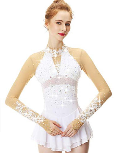 JRUIA Eiskunstlauf Wettkampf Kleid Für Damen Langärmliger Glänzender Strass Ballett Trikotanzug Gymnastik Rollschuhlaufen Tanzen Outfit Performance Kostüm,Weiß,12_15Years