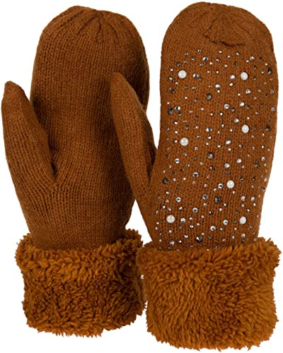 styleBREAKER Damen Strick Fäustlinge Strass Perlen | Wärmendes Thermo-Fleece-Innenfutter, elastische Passform für 16-21 cm Handumfang (Größe 6-8), ohne störende Nähte.