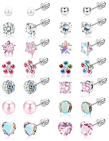 JeweBella 14 Paar Kleine Ohrstecker Set für Damen Mädchen Hypoallergen 316L Chirurgenstahl Ohrringe Kinder Niedlich Blume Perle Herz Zirkonia Ohrringe Tragus Knorpel Piercing Ohrringe Set