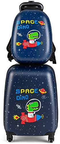 COSTWAY 2tlg Kinderkoffer + Rucksack, Kindertrolley aus Kunststoff, Kindergepäck, Kinder Kofferset Handgepäck Reisegepäck Hartschalenkoffer für Jungen und Mädchen (Dinosaurier, 12+16)