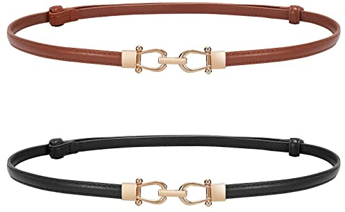 WERFORU 2 Pack Women Skinny Belt for Dress,Thin Waist Belt - Adjustable Leather Belt with Gold Buckle, Brown+Black, Fit Waist Size below 37 Inches-