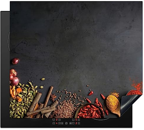 KitchenYeah© Herdabdeckplatte Einteilig Ceranfeld Abdeckplatte Küche Deko | 60x52 cm - Ceranfeldabdeckung Herdabdeckung Induktionsmatte Kräuter - Beton - Lebensmittel - Gewürze - Schwarz - Paprika
