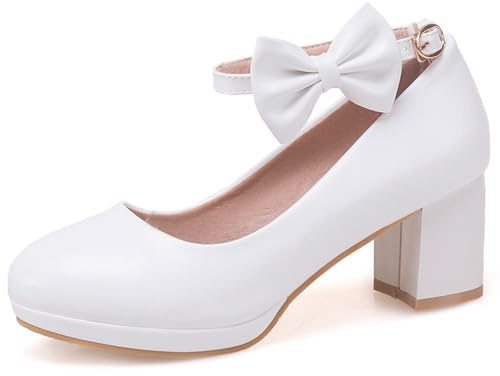 Décolleté con Tacco Largo da Donna, Pompe del Tallone Medio Punta Rotonda Fibbia Scarpe da Sera con Plateau con Cinturino alla Caviglia con Fioris Eleganti, Numero 31-43
