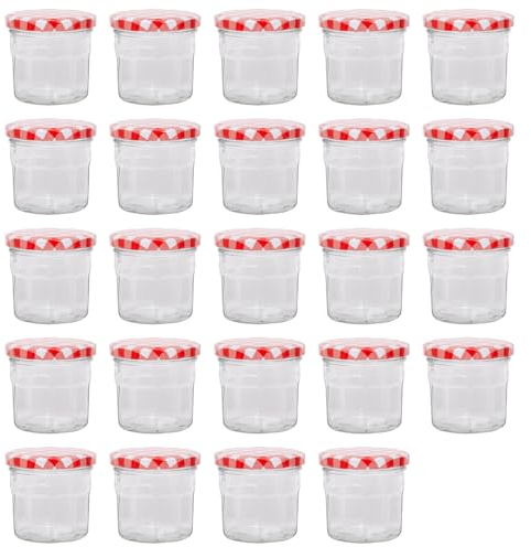 Argon Tableware Glass Jam Jars with Airtight Red Gingham Lids - 130ml - Pack of 12 - Empty Screw Top Kitchen Storage Jar for Food, Honey, Spice, Pickling, Preserving, Candle Making