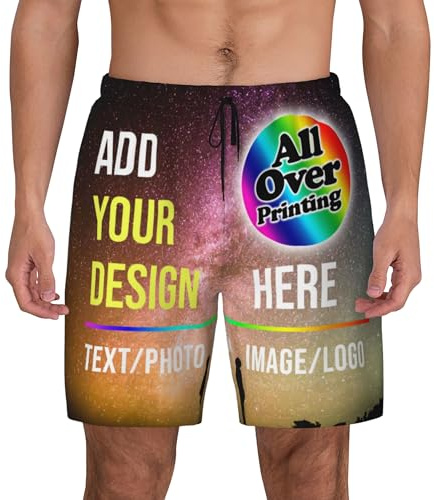 Raysent Personalized Men's Swim Trunks Add Design Your Own Text, Image, or Logo Quick-Dry Compression Lined Beach Shorts for Summer Holidays