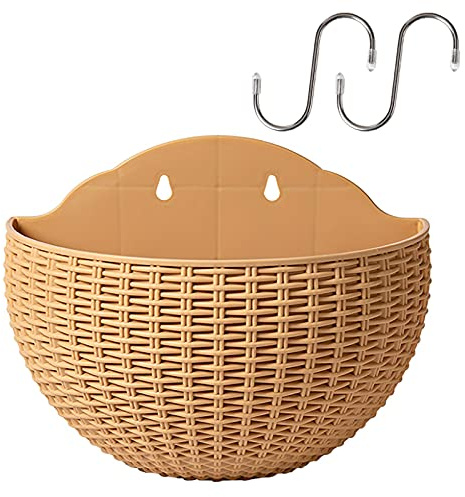 Hanging Planter Pot, Wall and Railing Hanging Planters with S Hooks, Half Round Imitation Rattan European Style Wall Flowerpot Rustic Decorative Flower Basket for Home Balcony(#2pcs 26 * 20cm Khaki)