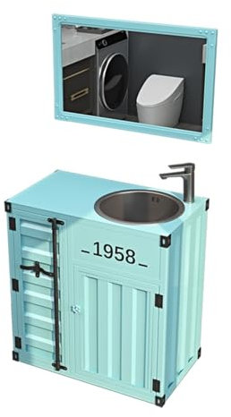 Mobile da bagno combinato in stile industriale vintage, lavabo in acciaio inossidabile con rubinetto e kit di scarico, mobiletto da bagno indipendente in un unico pezzo for uso domestico e commerciale