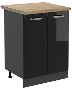 Vicco Küchenunterschrank R-Line, Schwarz Hochglanz, 60 cm | 2 Türen · AP Eiche inkl. · Höhenverstellbare Füße · 1 Einlegeboden · ✓ Frei kombinierbar