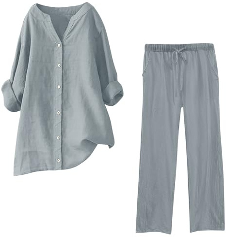 Tvådelad outfit dam linne skjorta kvinnor byxor set bomull och linne vardagskläder set för kvinnor brittiska knappar skjortor långa toppar vardaglig solid Co Ord set fritidskläder träningsoverall