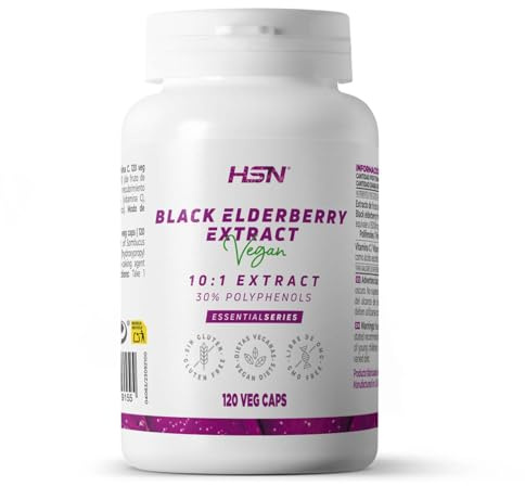 HSN Saúco Negro - Sambucus nigra - 15 gramos fruto (30% polifenoles) | 120 Cápsulas Vegetales | Extracto Black Elderberry 10x veces más concentrado | No-GMO, Vegano, Sin Gluten