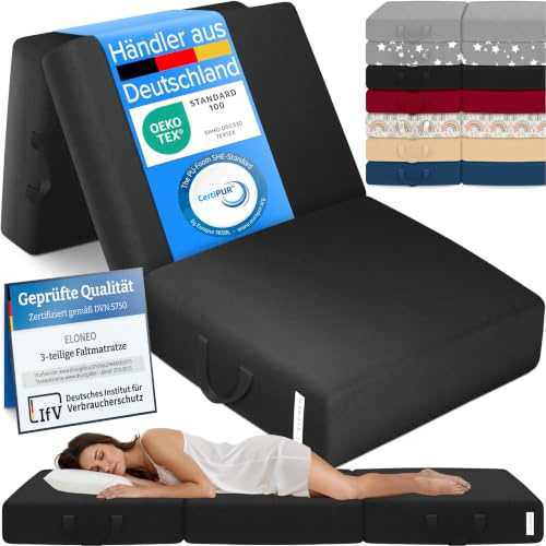 ELONEO Colchón Plegable, colchón para Invitados, colchón Plegable de 3 Piezas, Espuma Extra Gruesa (15 cm), Lavable, Plegable, Adultos (Negro, 90 x 200 x 15 cm)