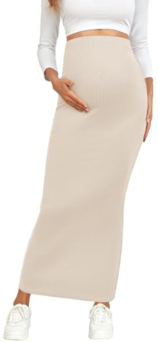 AISWI 2024 Maternity Adjustable Waist Rib Knit Maxi Skirt Over The Belly Stretchy Pregnancy Long Pencil Skirts, Apricot, L