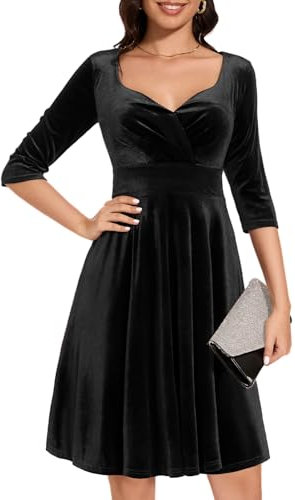 Women's Black Velvet Dress V-Neck Long Sleeve Midi Dress Christmas Party Winter Wedding Guest A-Line Cocktail Evening Gown V-Black S