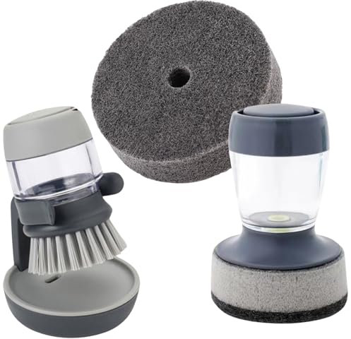 Pack of 3 – Palm Soap Dispenser Brush for Dishwashing – Brush for Cleaning Sinks – Brush with Sponge Refill Multipurpose – Kitchen Brush to Remove Dirt
