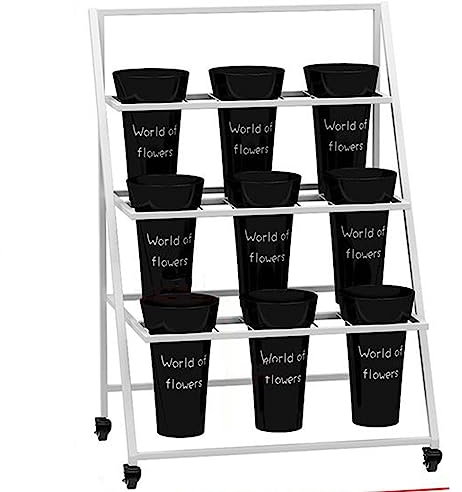 Robuster Pflanzenständer für den Innenbereich, Blumenregal mit 9 Kunststoff-Eimern, Gartenwagen mit Rollen, ideal für frische Blumenläden und Blumensträuße im Freien