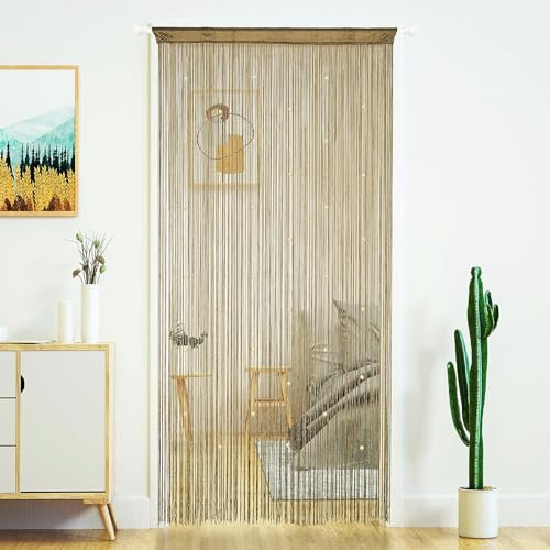 ElevaPulse Fadenvorhang, Perlenvorhang Türvorhang, Perlenvorhang, Makramee Vorhang, Dekorative Gardine Fadenvorhang, Balkontür Türvorhang Fliegen Vorhang（100x200cm Champagner Farbe）