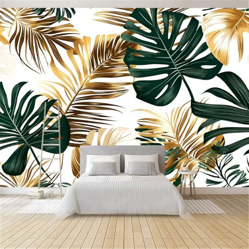 Papier Peint Panoramique Luxueux Tropical Feuillage Personnalisable Papier Peint Intissé Décoration Murale 300 x 210 cm Mural Décoration Pour Chambre Salon Chambre D'Enfants Papier Peint Mural Or Vert