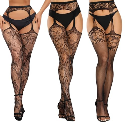 Carreneu 3 Paar StrapsstrüMpfe Strapsstrumpfhose Ouvert Strumpfhose Halterlose StrüMpfe Sexy Strapse Damen Strapsstrumpfhose für Damen Sexy Strumpfhosen für Frauen,Geeignet Zum Ausgehen und Feiern