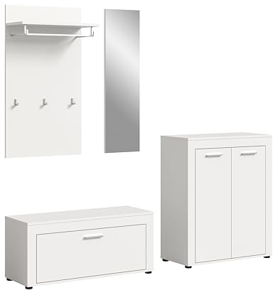 xonox.home - Garderobenkombination Jam 4-tlg. Set 200x191x35 cm in weiß - Garderobenschrank Flurmöbel Dielenmöbel Eingangsbereich - pflegeleichte Oberfläche funktional