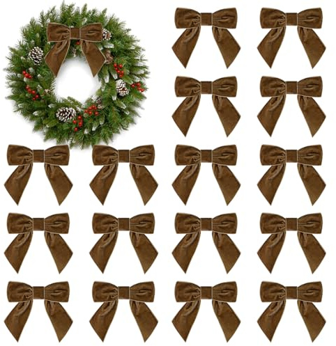 16 pièces de nœuds de Noël en velours marron, nœuds en ruban de velours vintage de 10,9 cm pour guirlande de sapin de Noël, emballage cadeau, loisirs créatifs, décoration de mariage (chameau)