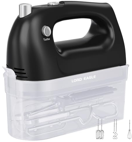 Lord Eagle Hand Mixer Electric Whisk, 400W Power Handheld Mixer for Baking Cake Egg Cream Food Beater, Turbo Boost/Self-Control Speed + 5 Speed + Eject Button + 5 Accessories, Black